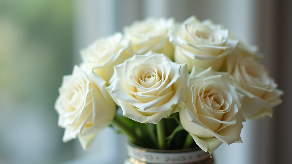 Close-up view of white roses in a decorative vase