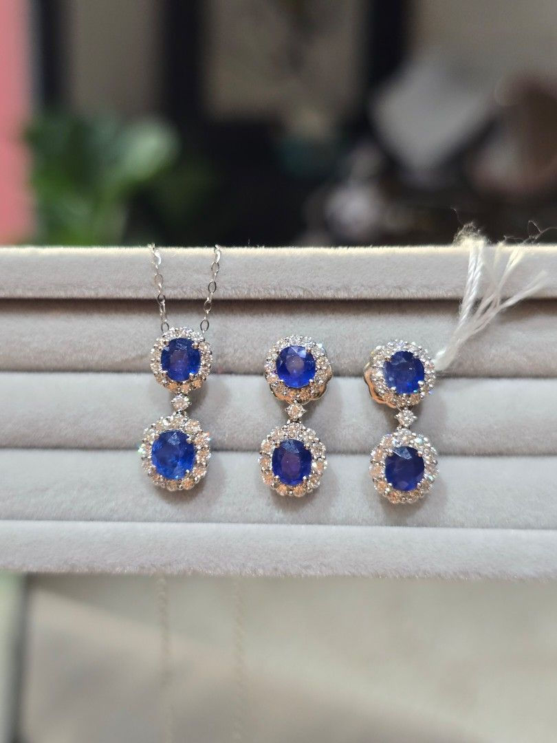 Thumbnail: Unheated Burma Sapphire Earrings and Pendant Set