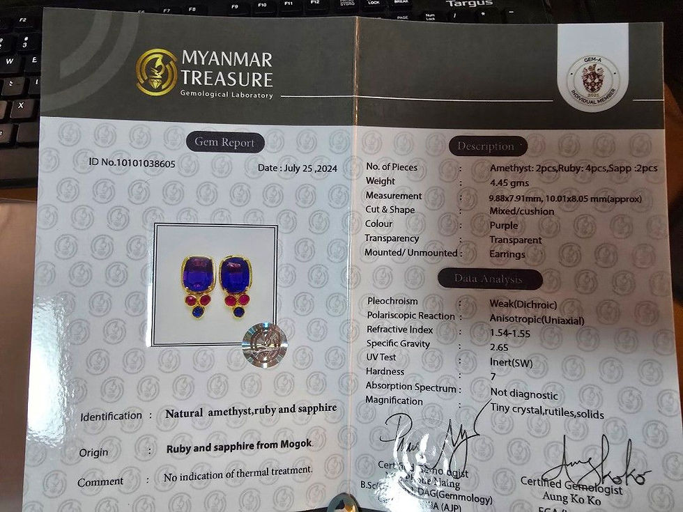 Thumbnail: 5ct Burma Amethyst Earrings with small ruby and sapphire in 18K gold setting