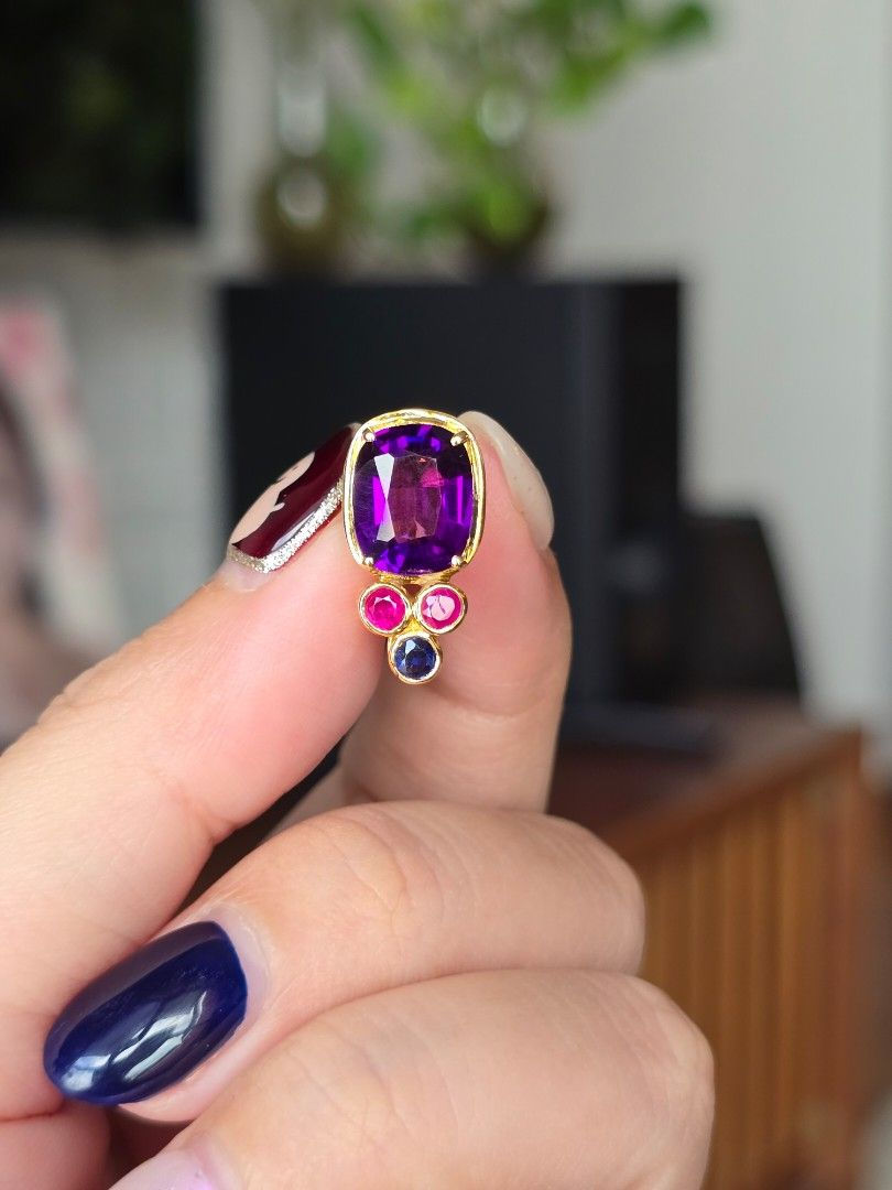Thumbnail: 5ct Burma Amethyst Earrings with small ruby and sapphire in 18K gold setting