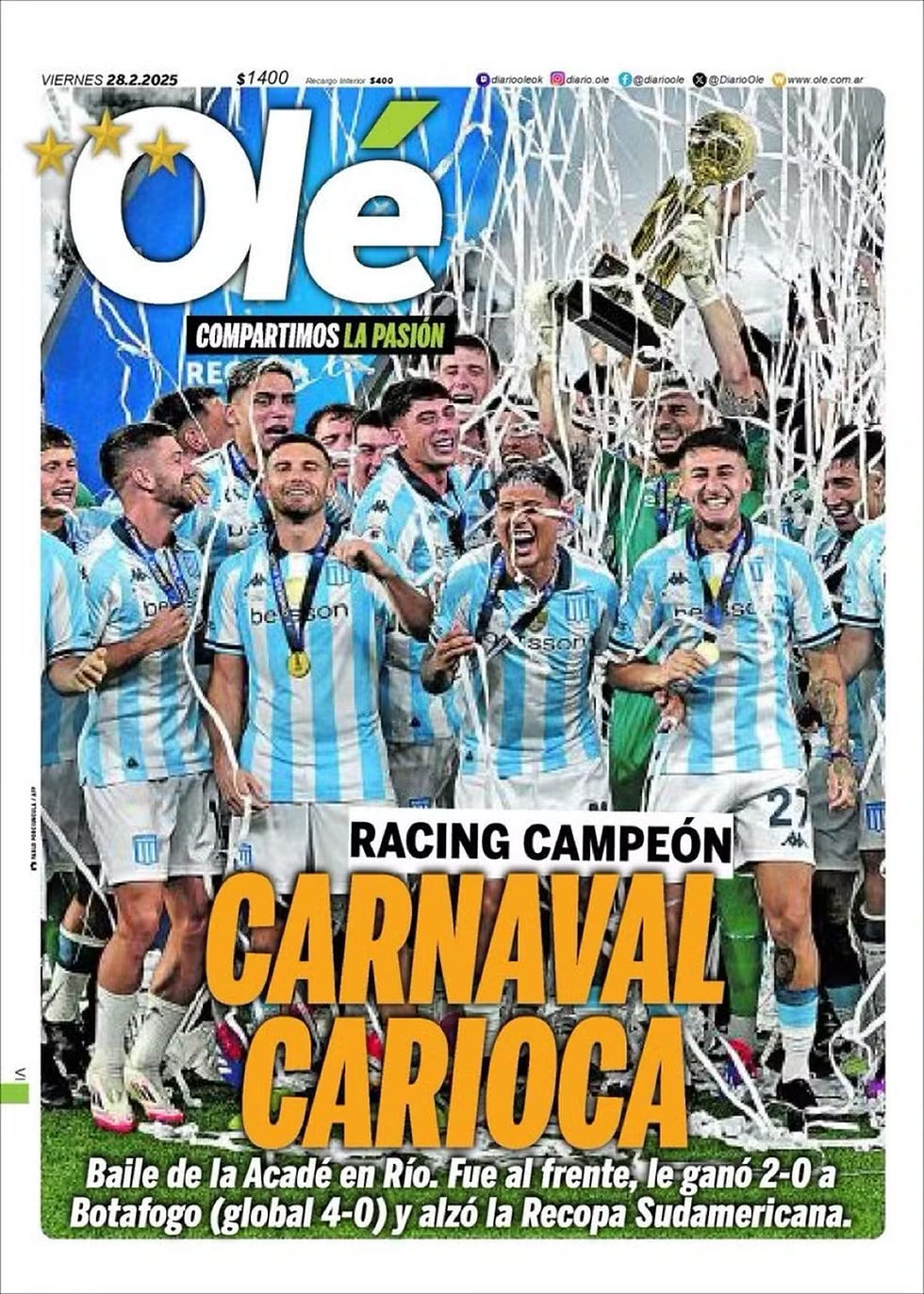 Capa do "Olé" cita "Carnaval carioca" após título do Racing — Foto: Reprodução