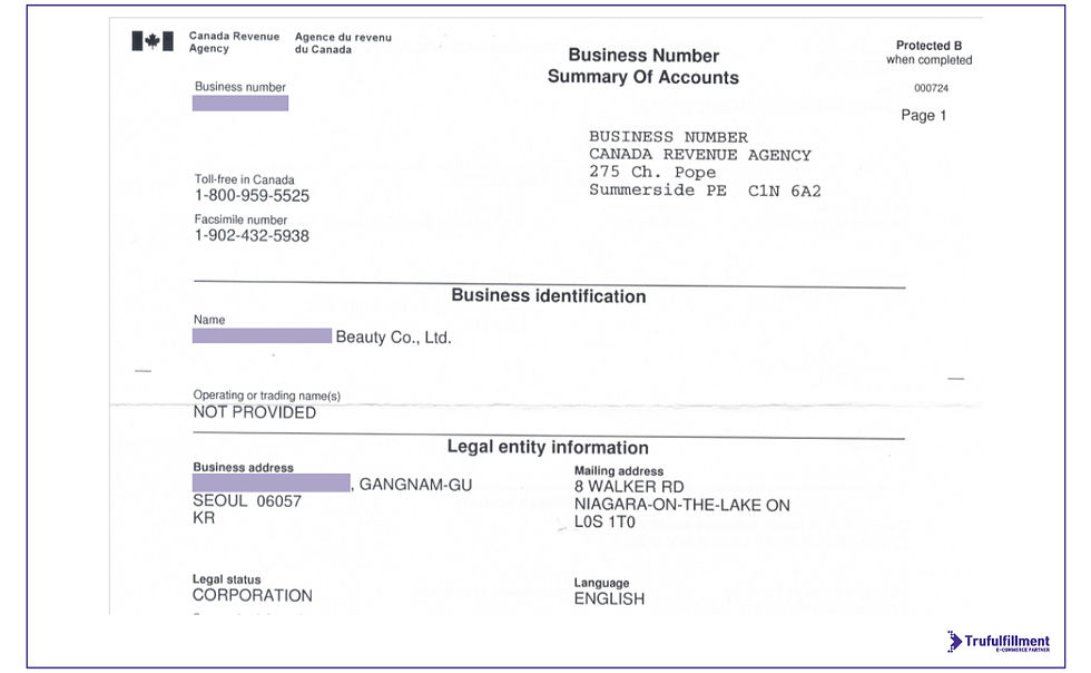 [ CRA 발급 BUSINESS NUMBER 발급 공식 레터 ] 