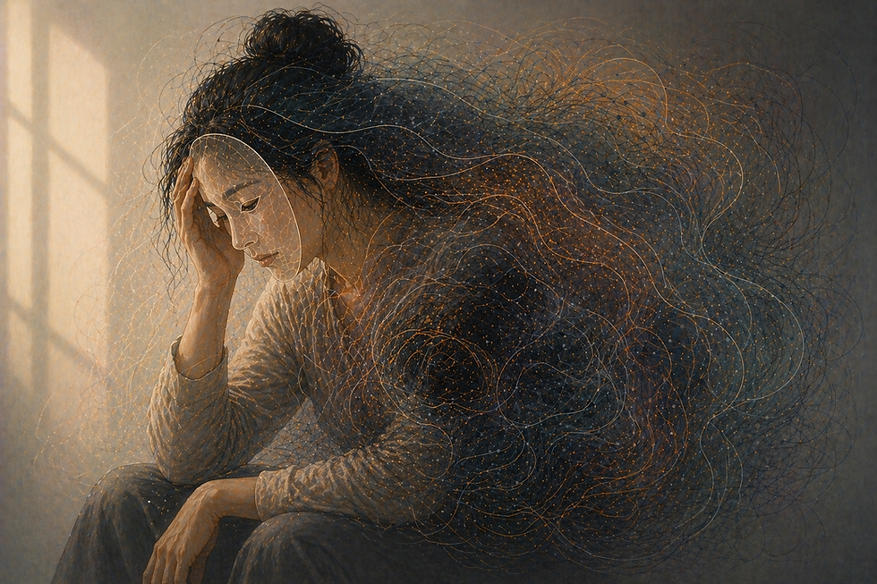 Illustration of neurodivergent masking exhaustion showing internal cognitive and emotional overload beneath a composed external appearance