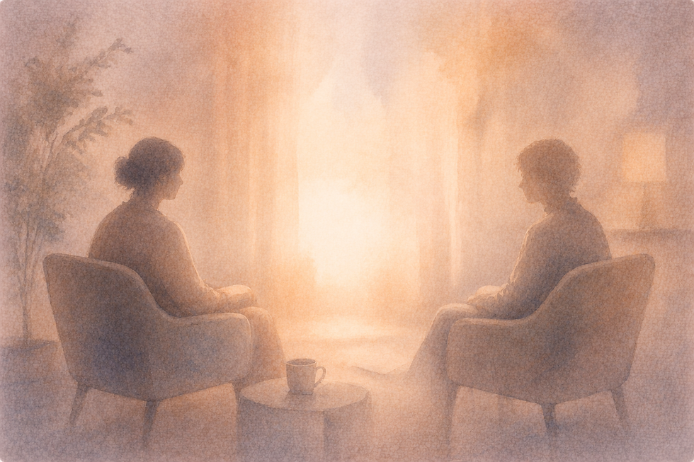 Illustration of two softly defined figures sitting across from each other with a gently illuminated space between them, representing a relational space of understanding and emotional processing after a late ADHD or autism diagnosis.