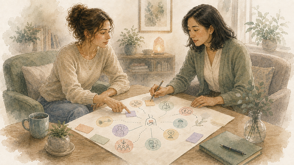 Psychologist and client collaboratively reviewing a provisional psychological map that brings together relationships, emotions, bodily responses, masking, culture and present circumstances.