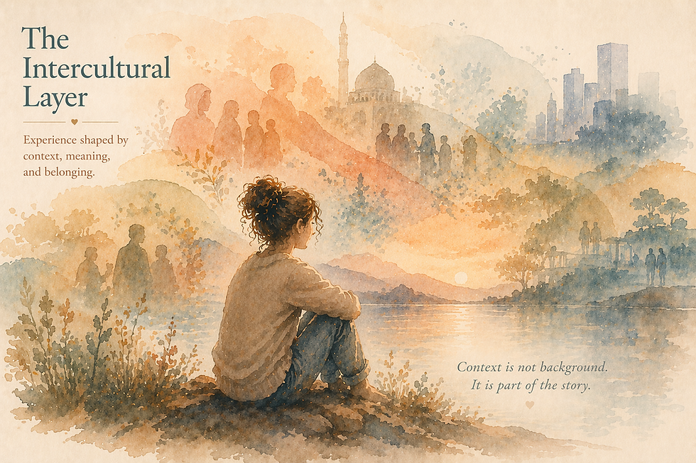 Watercolour illustration showing an individual surrounded by layered cultural, relational, and social environments, representing how intercultural context, identity, and systemic influences shape psychological experience and formulation.