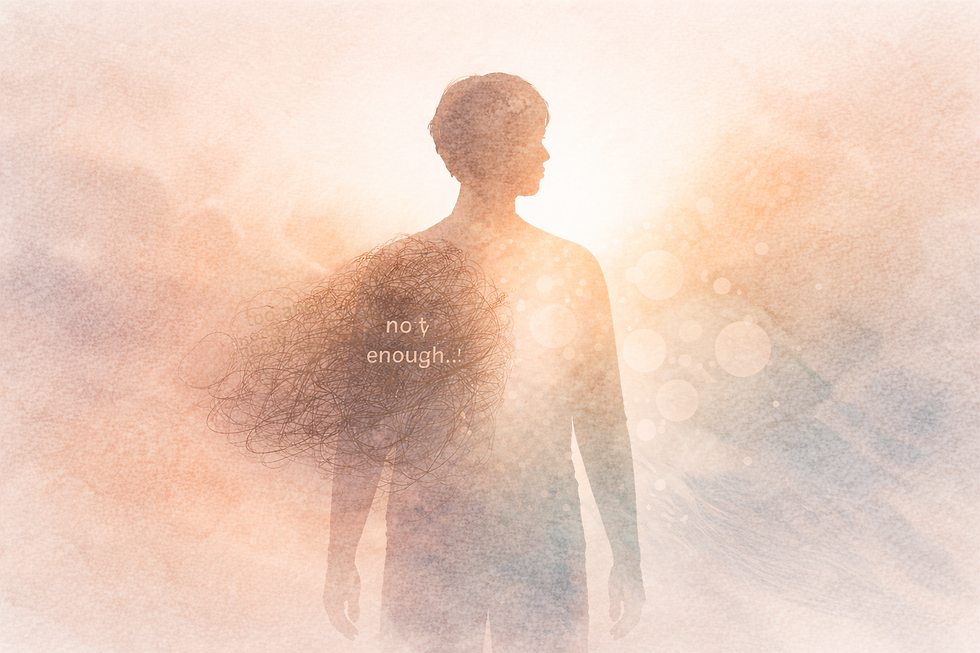 Illustration of a person transitioning from dense internal pressure labelled “not enough” to a more open and lighter state, representing relief as self-blame begins to ease after a late ADHD or autism diagnosis.