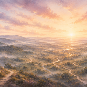Soft cinematic watercolour illustration of pathways winding through a partially illuminated landscape at dawn, with distant horizons fading into mist and multiple routes emerging across the terrain, representing reflective practice, psychological formulation, and the evolving process of understanding complex human experience. l Dr Tiffany Leung