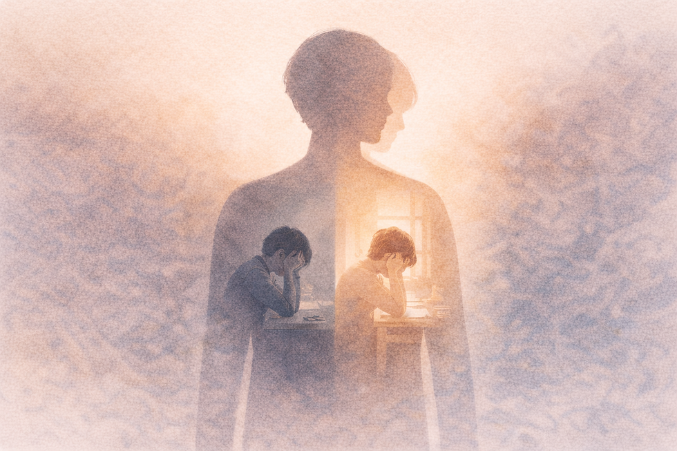 Illustration of a person holding a memory of their younger self shown in two ways, one heavier and one more compassionate, representing grief and relief experienced together after a late ADHD or autism diagnosis.