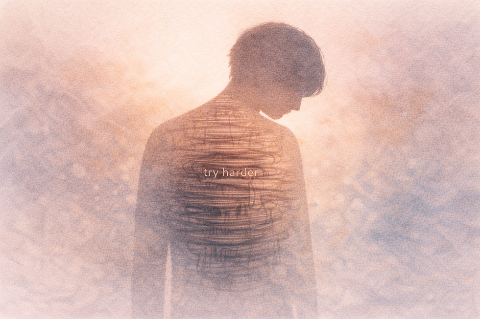 Illustration of a person with dense, layered internal patterns and the phrase “try harder” embedded within, representing sustained effort and self-pressure before understanding a late ADHD or autism diagnosis.