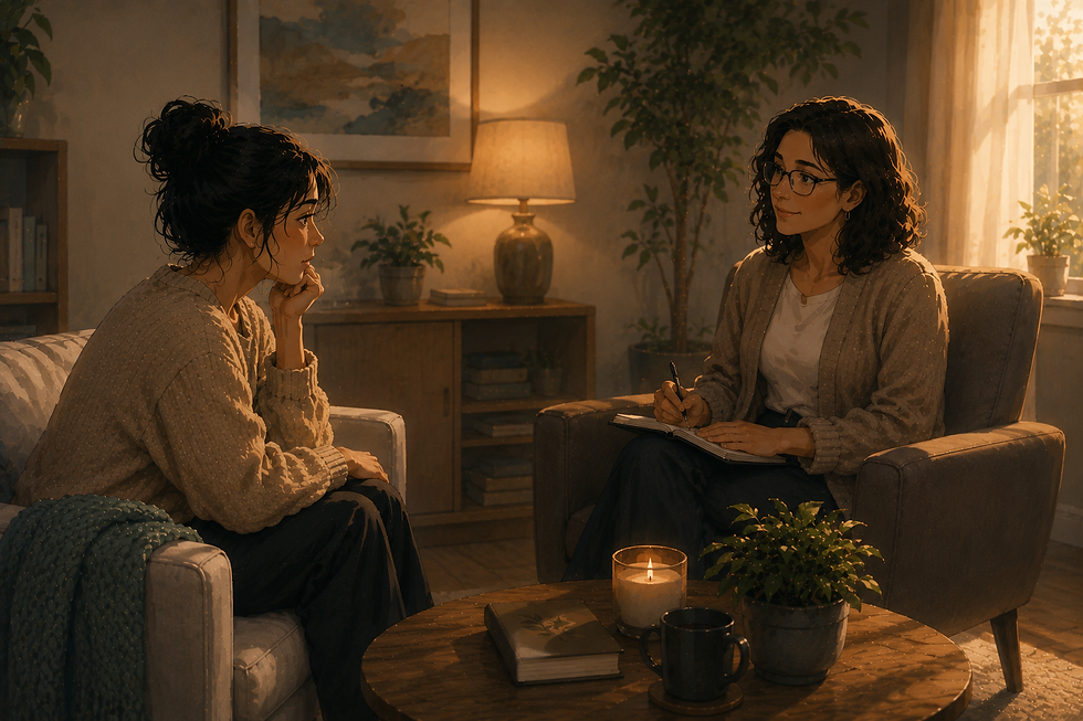 Trauma-informed therapy session for people-pleasing, burnout, emotional exhaustion, masking, and relational anxiety. Illustration shows a warm psychotherapy space where a high-functioning woman explores emotional safety, boundaries, self-worth, and chronic self-adjustment with a culturally responsive psychologist.