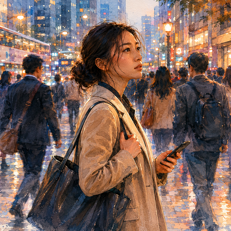 Soft cinematic watercolor illustration of a high-functioning woman standing in a crowded city environment while internally managing emotional exhaustion, chronic coping, masking, and constant self-monitoring beneath outward composure. l Dr Tiffany Leung