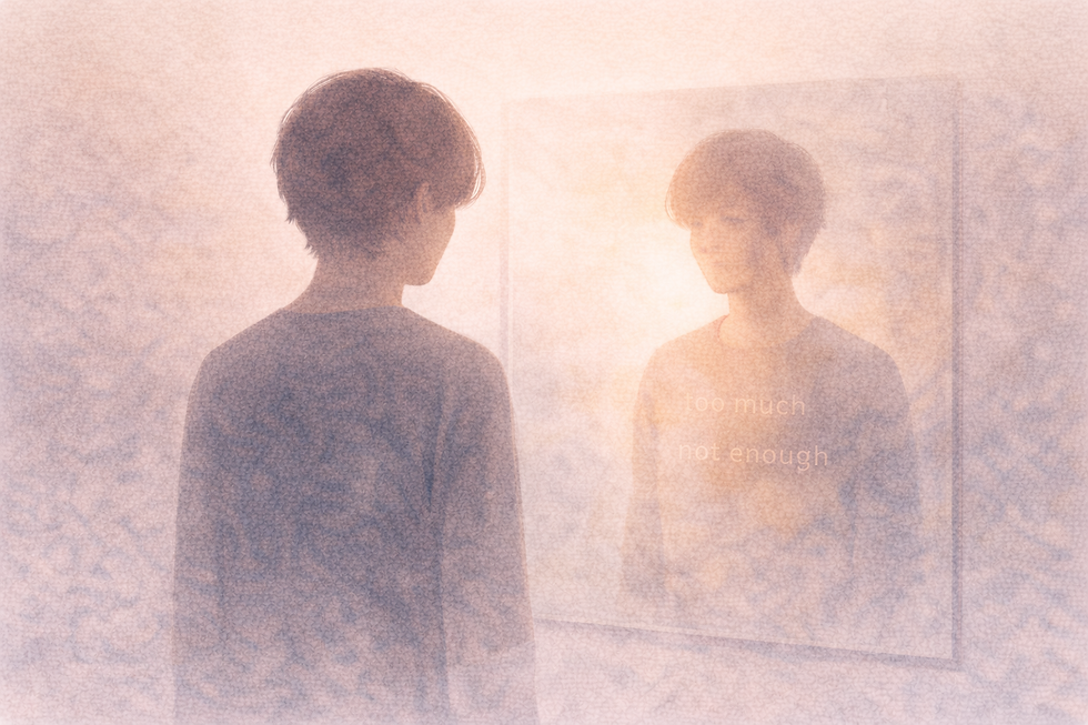 Illustration of a person facing a mirror where their reflection appears softer and more open, with faint words “too much” and “not enough” dissolving, representing a shift in self-understanding after a late ADHD or autism diagnosis.