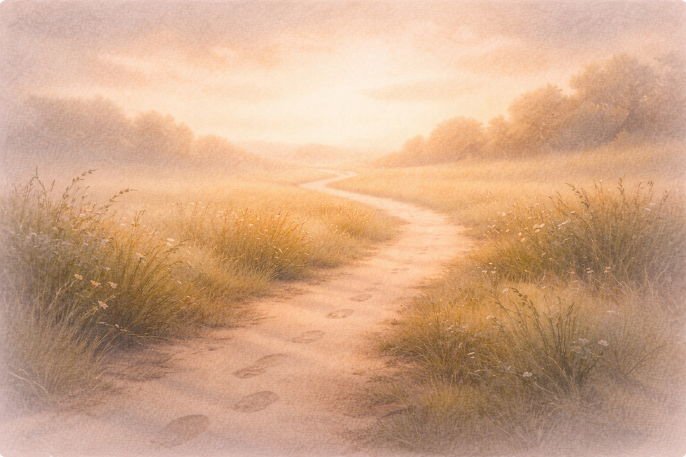 Illustration of a soft open landscape with a continuous path extending both backward and forward, representing ongoing integration and a changing relationship to past experience after a late ADHD or autism diagnosis.