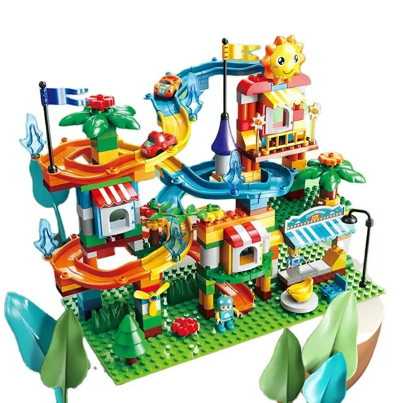 Miniatură: Set de constructii Feelo Tobogan mare cu căsuță și mașinuțe (212 piese)