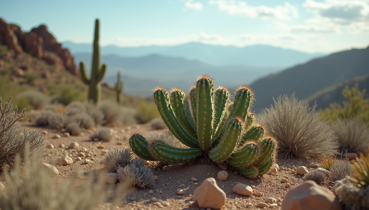 Eye-level view of a San Pedro cactus growing in a mountainous region