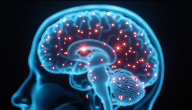 Eye-level view of a brain scan highlighting areas affected by MDMA use