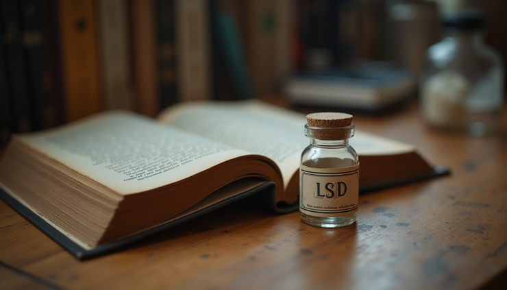 Eye-level view of a vintage book and a small vial labeled LSD on a wooden table