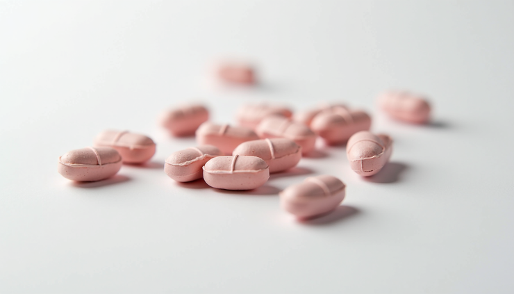 Eye-level view of a variety of MDMA capsules and pills arranged on a white surface