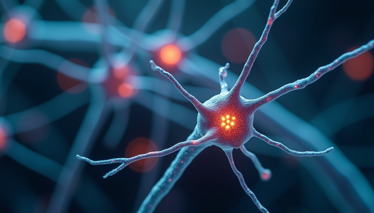 Close-up view of brain neuron connections illuminated in blue
