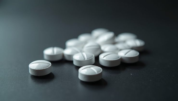 Close-up view of white MDMA capsules on a dark surface