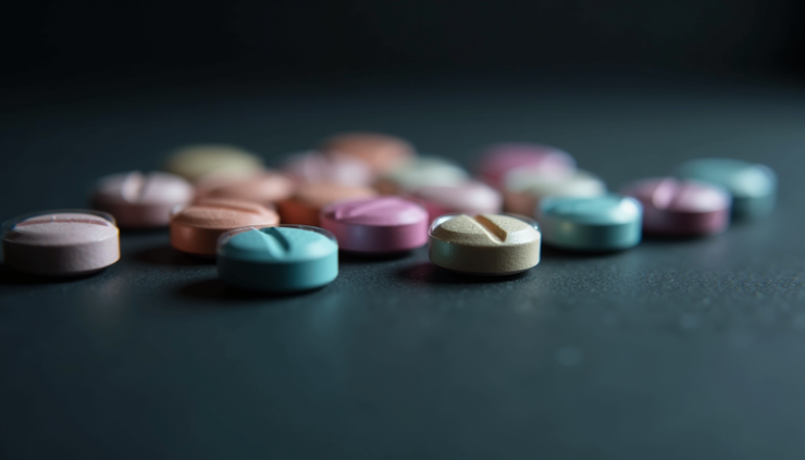 Close-up view of high-potency MDMA pills arranged on a dark surface