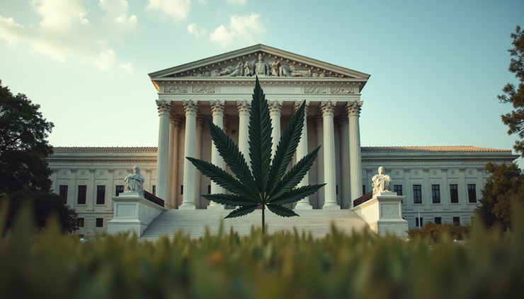 Eye-level view of a government building with a cannabis leaf sculpture in front