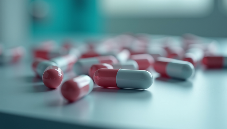 Close-up view of a capsule bottle labeled for clinical trial use