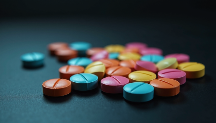 High angle view of a small pile of colorful MDMA pills on a dark surface