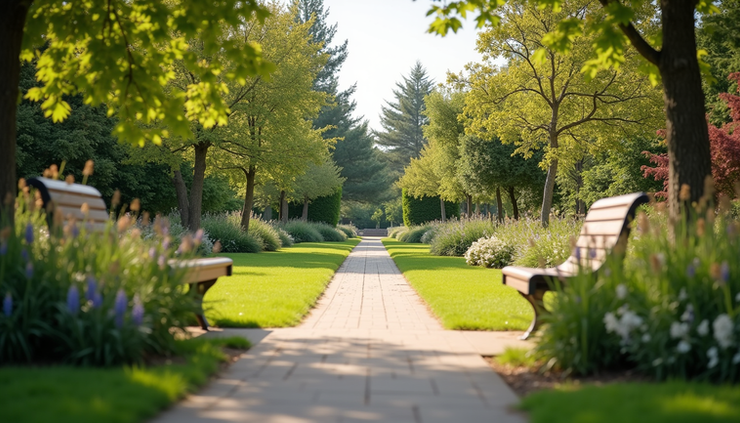 Eye-level view of a peaceful rehab center garden with walking paths and benches