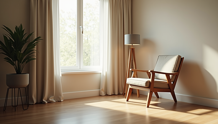 Eye-level view of a calm room with soft lighting and a comfortable chair