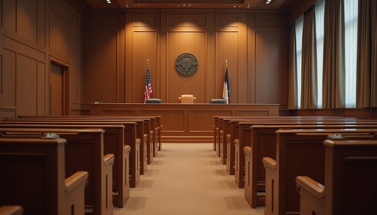 Eye-level view of a courtroom with empty wooden benches and a judge's bench