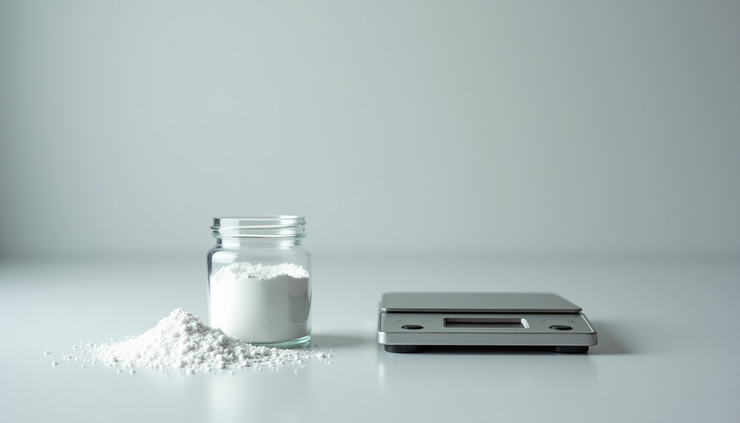 Eye-level view of white MDMA powder in a small container with measuring scale