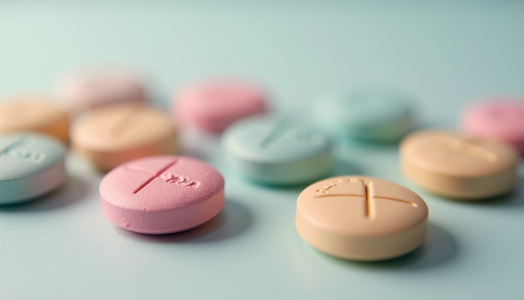 Close-up view of pressed MDMA pills with distinct colors and logos