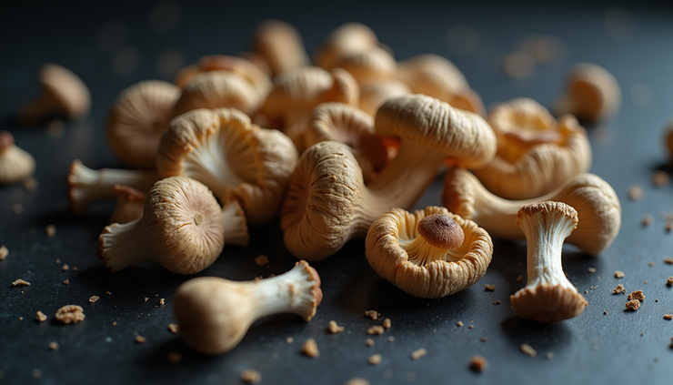High angle view of dried psilocybin mushrooms spread on a dark surface