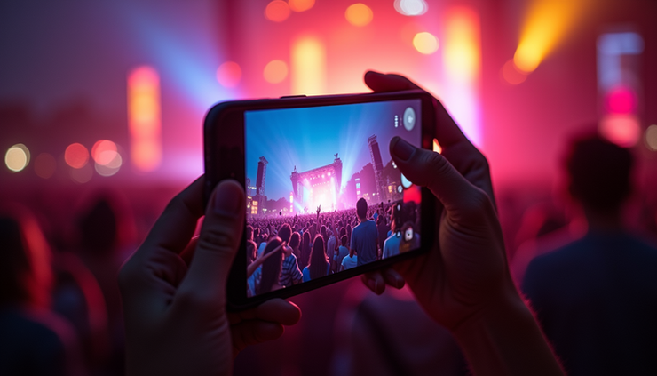 Eye-level view of a smartphone screen showing a colorful festival scene