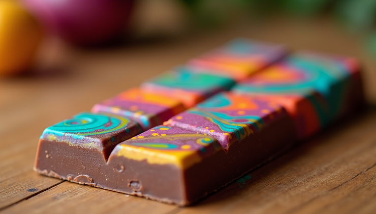 Close-up of a colorful psychedelic chocolate bar on a wooden surface