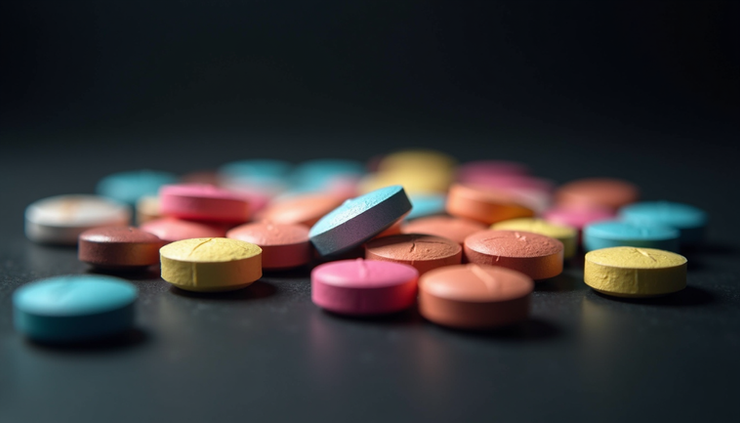 Close-up view of colorful ecstasy pills scattered on a dark surface