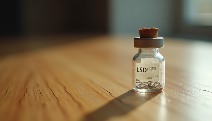 Close-up view of a small glass vial containing LSD blotter paper on a wooden surface