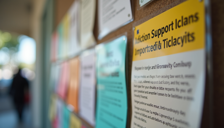 Close-up view of a community center bulletin board with flyers about addiction support groups