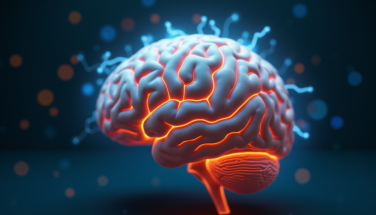 Eye-level view of a human brain model with highlighted neurotransmitter pathways