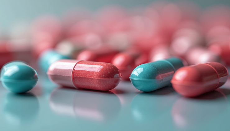 Eye-level view of colorful MDMA capsules arranged on a reflective surface