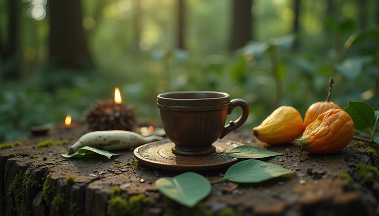 Eye-level view of a traditional ayahuasca ceremony setup with natural elements