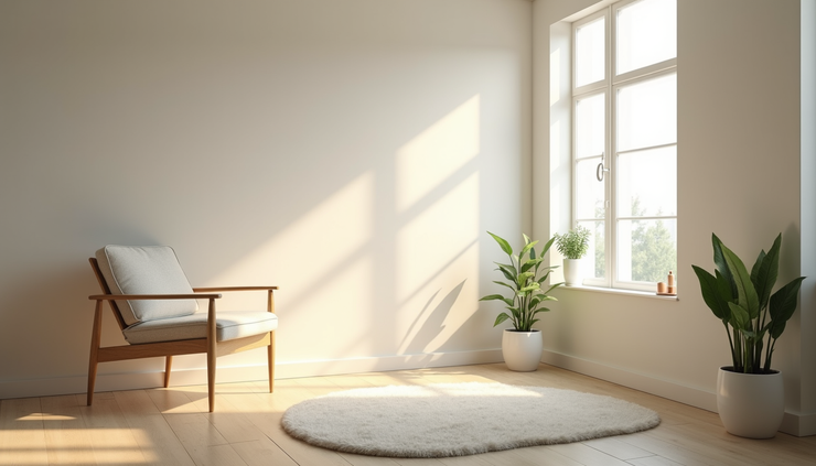 Eye-level view of a single chair in an empty therapy room with soft natural light