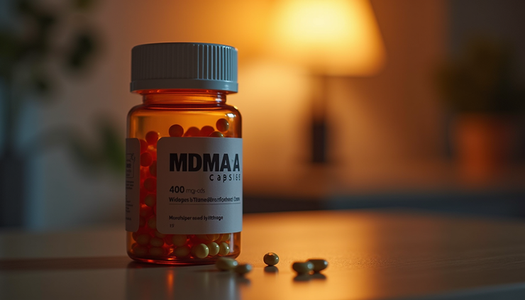Eye-level view of a small bottle of MDMA capsules on a wooden table with soft lighting
