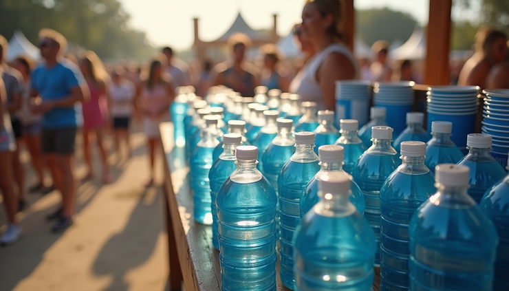 High angle view of a festival hydration station with water bottles and cups