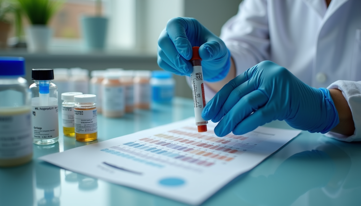 Eye-level view of a person using a drug checking kit with reagents and color chart