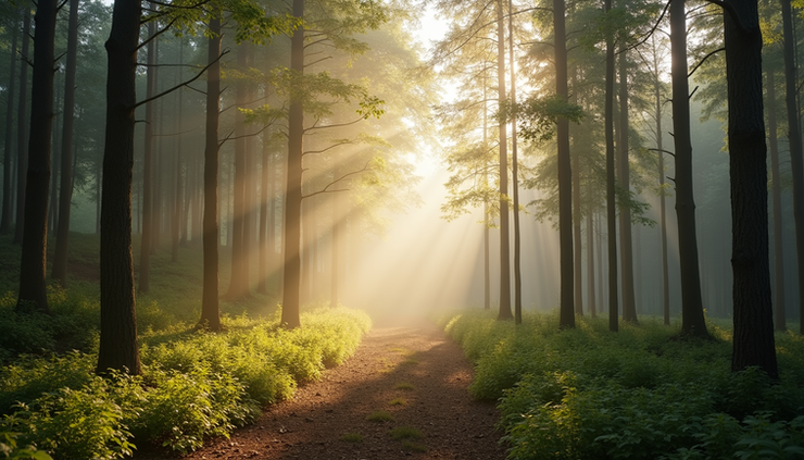 Eye-level view of a calm natural setting with soft sunlight filtering through trees