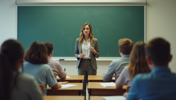 Eye-level view of a classroom with a teacher explaining substance abuse effects using a visual chart