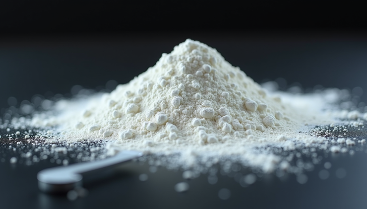 Close-up view of a small pile of white MDMA powder on a dark surface